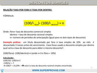 DESCONTOS SIMPLES
DESCONTOS SIMPLES
RELAÇÃO TAXA POR FORA X TAXA POR DENTRO:
FÓRMULA:

(100/i fora)- (100/i dentro) = n
Onde: ifora= taxa de desconto comercial simples
identro = taxa de desconto racional simples
n= número de períodos de antecipação (igual para os dois tipos de desconto)
Exemplo prático: um título descontado por fora à taxa simples de 10% ao mês é
descontado 3 meses antes do vencimento . Caso fosse usado o desconto simples por dentro
qual seria a taxa de desconto para obter o mesmo desconto?.
(100/ifora)- (100/identro)=n (onde n=3 e Ifora = 10%)
Calculando:
(100/10)- (100/x)=3
-(100/x) = -7
-X=100/7 = 14,29% = esta é a taxa de desconto racional simples encontrada.

WWW.SUPERPROVAS.COM

25

 