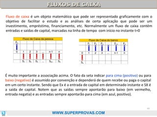 FLUXOS DE CAIXA
FLUXOS DE CAIXA
Fluxo de caixa é um objeto matemático que pode ser representado graficamente com o
objetivo de facilitar o estudo e as análises de certa aplicação que pode ser um
investimento, empréstimo, financiamento, etc. Normalmente um fluxo de caixa contém
entradas e saídas de capital, marcadas na linha de tempo com início no instante t=0

É muito importante a associação acima. O fato da seta indicar para cima (positivo) ou para
baixo (negativo) é assumido por convenção e dependerá de quem recebe ou paga o capital
em um certo instante. Sendo que Ex é a entrada de capital em determinado instante e SX é
a saída de capital. Notem que as saídas sempre apontarão para baixo (em vermelho,
entrada negatia) e as entradas sempre apontarão para cima (em azul, positivo).

48

WWW.SUPERPROVAS.COM

 