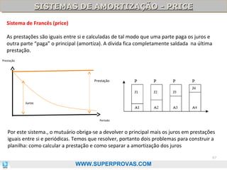 SISTEMAS DE AMORTIZAÇÃO - PRICE
SISTEMAS DE AMORTIZAÇÃO - PRICE
Sistema de Francês (price)
As prestações são iguais entre si e calculadas de tal modo que uma parte paga os juros e
outra parte “paga” o principal (amortiza). A dívida fica completamente saldada na última
prestação.
Prestação

Prestação

Juros

Período

Por este sistema., o mutuário obriga-se a devolver o principal mais os juros em prestações
iguais entre si e periódicas. Temos que resolver, portanto dois problemas para construir a
planilha: como calcular a prestação e como separar a amortização dos juros
87

WWW.SUPERPROVAS.COM

 