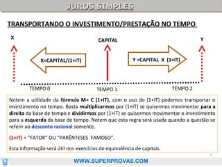 JUROS SIMPLES
JUROS SIMPLES
TRANSPORTANDO O INVESTIMENTO/PRESTAÇÃO NO TEMPO
X

Y

CAPITAL
Y =CAPITAL X (1+IT)

X=CAPITAL/(1+IT)

TEMPO 0

TEMPO 1

TEMPO 2

Notem a utilidade da fórmula M= C (1+IT), com o uso do (1+IT) podemos transportar o
investimento no tempo. Basta multiplicarmos por (1+IT) se quisermos movimentar para a
direita da base de tempo e dividirmos por (1+IT) se quisermos movimentar o investimento
para a esquerda da base de tempo. Notem que esta regra será usada quando a questão se
referir ao desconto racional somente.
(1+IT) = “FATOR” OU “PARÊNTESES FAMOSO”.
Esta informação será útil nos exercícios de equivalência de capitais.
9

WWW.SUPERPROVAS.COM

 
