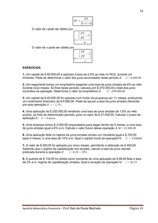 Apostila Matemática Financeira – Prof. Ítalo de Paula Machado Página 14 
14 
 i n 
FV 
PV 
  
 
1 
O valor de i pode ser obtido por: 
n 
PC 
FV 
i 
 
 
 
 
 
 
1 
O valor de n pode ser obtido por: 
i 
PV 
FV 
n 
 
 
 
 
 
 
1 
EXERCÍCIOS 
1. Um capital de $ 80.000,00 é aplicado à taxa de 2,5% ao mês no RCS, durante um 
trimestre. Pede-se determinar o valor dos juros acumulados neste período.R: J = 6.000,00 
2. Um negociante tomou um empréstimo pagando uma taxa de juros simples de 6% ao mês 
durante nove meses. Ao final deste período, calculou em $ 270.000,00 o total dos juros 
incorridos na operação. Determinar o valor do empréstimo.R: C =500.000,00 
3. Um capital de $ 40.000,00 foi aplicado num fundo de poupança por 11 meses, produzindo 
um rendimento financeiro de $ 9.680,00. Pede-se apurar a taxa de juros simples oferecida 
por esta operação.R: i = 2,2% 
4. Uma aplicação de $ 250.000,00 rendendo uma taxa de juros simples de 1,8% ao mês 
produz, ao final de determinado período, juros no valor de $ 27.000,00. Calcular o prazo da 
aplicação.R: n = 6 meses 
5. Uma empresa tomou $ 3.000,00 emprestados para pagar dentro de 5 meses, a uma taxa 
de juros simples igual a 6% a.m. Calcule o valor futuro dessa operação.R:M = $3.900,00 
6. Uma aplicação feita no regime de juros simples rendeu um montante igual a $ 750,00 
após 5 meses, a uma taxa de 10% a.m. Qual o capital inicial da operação?R: C = $ 500,00 
7. O valor de $ 200,00 foi aplicado por cinco meses, permitindo a obtenção de $ 400,00. 
Sabendo que o regime de capitalização era simples, calcule a taxa de juros mensal 
praticada durante a operação.R: i =0,20 = 20% 
8. A quantia de $ 134,00 foi obtida como montante de uma aplicação de $ 68,00 feita a taxa 
de 2% a.m. regime de capitalização simples. Qual a duração da operação?R: i = 48,53 
 
