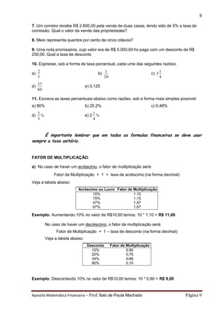 Apostila Matemática Financeira – Prof. Ítalo de Paula Machado Página 9 
9 
7. Um corretor recebe R$ 2.800,00 pela venda de duas casas, tendo sido de 5% a taxa de 
comissão. Qual o valor da venda das propriedades? 
8. Meio representa quantos por cento de cinco oitavos? 
9. Uma nota promissória, cujo valor era de R$ 5.000,00 foi paga com um desconto de R$ 
250,00. Qual a taxa de desconto 
10. Expresse, sob a forma de taxa percentual, cada uma das seguintes razões: 
a) 
5 
2 
b) 
20 
1 
c) 
4 
1 
3 
d) 
80 
37 
e) 0,125 
11. Escreva as taxas percentuais abaixo como razões, sob a forma mais simples possível: 
a) 80% b) 25,2% c) 0,48% 
d) % 
3 
2 
e) 2 % 
4 
1 
É importante lembrar que em todas as formulas financeiras se deve usar 
sempre a taxa unitária. 
FATOR DE MULTIPLICAÇÃO: 
a) No caso de haver um acréscimo, o fator de multiplicação será: 
Fator de Multiplicação = 1 + taxa de acréscimo (na forma decimal) 
Veja a tabela abaixo: 
Acréscimo ou Lucro Fator de Multiplicação 
10% 1,10 
15% 1,15 
47% 1,47 
67% 1,67 
Exemplo: Aumentando 10% no valor de R$10,00 temos: 10 * 1,10 = R$ 11,00 
No caso de haver um decréscimo, o fator de multiplicação será: 
Fator de Multiplicação = 1 – taxa de desconto (na forma decimal) 
Veja a tabela abaixo: 
Desconto Fator de Multiplicação 
10% 0,90 
25% 0,75 
34% 0,66 
90% 0,10 
Exemplo: Descontando 10% no valor de R$10,00 temos: 10 * 0,90 = R$ 9,00 
 