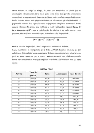 Dessa maneira ao longo do tempo, os juros vão decrescendo ao passo que as amortizações vão crescendo, de tal modo que a soma dessas duas parcelas se mantenha sempre igual ao valor constante da prestação. Sendo assim, o próximo passo é determinar qual o valor da parcela a ser pago mensalmente, de tal maneira, que efetuando esses 12 pagamentos mensais isso seja equivalente ao pagamento integral do montante da divida daqui a 12 meses. Na pratica esse problema se resolve utilizando a equação básica de juros compostos (1+i)n, para a capitalização do principal e de cada parcela. Logo podemos obter a fórmula matemática para o cálculo do valor da parcela P: 
P = V(1+i)n i /( (1+i)n -1) 
Onde V é o valor do principal, i a taxa do período e n número de períodos. 
Logo, encontramos o valor para P, que é de R$ 2.007,25. Podemos observar, que por definição, o Sistema Price tem a conceituação de juros compostos ou juros sobre juros. A partir do valor encontrado para a parcela, podemos construir uma tabela denominada tabela Price utilizando as definições impostas ao sistema e descritas nos itens (a) e (b) acima: 
SISTEMA PRICE 
Parcela 
Valor da parcela 
Juros 
Amortização 
Saldo devedor 
1a 
2.007,25 
582,90 
1.424,35 
18.675,65 
2a 
2.007,25 
541,59 
1.465,66 
17.209,99 
3a 
2.007,25 
499,09 
1.508,16 
15.701,83 
4a 
2.007,25 
455,35 
1.551,90 
14.149,94 
5a 
2.007,25 
410,35 
1.596,90 
12.553,04 
6a 
2.007,25 
364,04 
1.643,21 
10.909,82 
7a 
2.007,25 
316,38 
1.690,87 
9.218,96 
8a 
2.007,25 
267,35 
1.739,90 
7.479,06 
9a 
2.007,25 
216,89 
1.790,36 
5.688,70 
10a 
2.007,25 
164,97 
1.842,28 
3.846,42 
11a 
2.007,25 
111,55 
1.895,70 
1.950,72 
12a 
2.007,25 
56,57 
1.950,72 
- 
15 
 