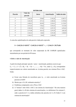 SISTEMA SAM 
Parcela 
Valor da parcela 
Juros 
Amortização 
Saldo devedor 
1a 
2.462,26 
270,00 
2.192,26 
15.807,75 
2a 
2.445,38 
237,12 
2.208,26 
13.599,48 
3a 
2.428,51 
203,99 
2.224,51 
11.374,97 
4a 
2.411,63 
170,62 
2.241,01 
9.133,96 
5a 
2.394,76 
137,01 
2.257,75 
6.876,22 
6a 
2.377,88 
103,14 
2.274,74 
4.601,48 
7a 
2.361,01 
69,02 
2.291,98 
2.309,50 
8a 
2.344,13 
34,64 
2.309,49 
- 
A soma das capitalizações de cada parcela é dada pela expressão: 
S = 2.462,26 (1+0,015)7 + 2.445,26 (1+0,015)6 + ... + 2.344,13= 20.276,86 
que corresponde ao montante do valor emprestado de R$ 18.000,00 capitalizados mensalmente por um período de 08 meses. 
• Sobre o valor de Amortização 
A partir da relação principal parcela = juros + amortização, podemos escrever que: 
Ck = C1 ( 1+ i)k e Bk = B1 = B2 =................=Bn= V/n, onde Ck e Bk correspondem respectivamente aos valores amortizados na k-ésima parcela, nos sistemas Price e SAC. Então: 
a) Existe uma fórmula de recorrência para Ak , o valor amortizado na k-ésima parcela no SAM? 
b) Mostre que o S.A.M. realmente amortiza ? 
c) Estabeleça comparações com o Price e SAC 
d) A "mistura" entre SAG e SAC é um sistema de Amortização ? De uma maneira geral, dados A e B dois sistemas de amortizações, e se definirmos Um sistema C, onde a parcela de C é a média aritmética das parcelas de A e B. Então C é um sistema de amortização? 
23 
 