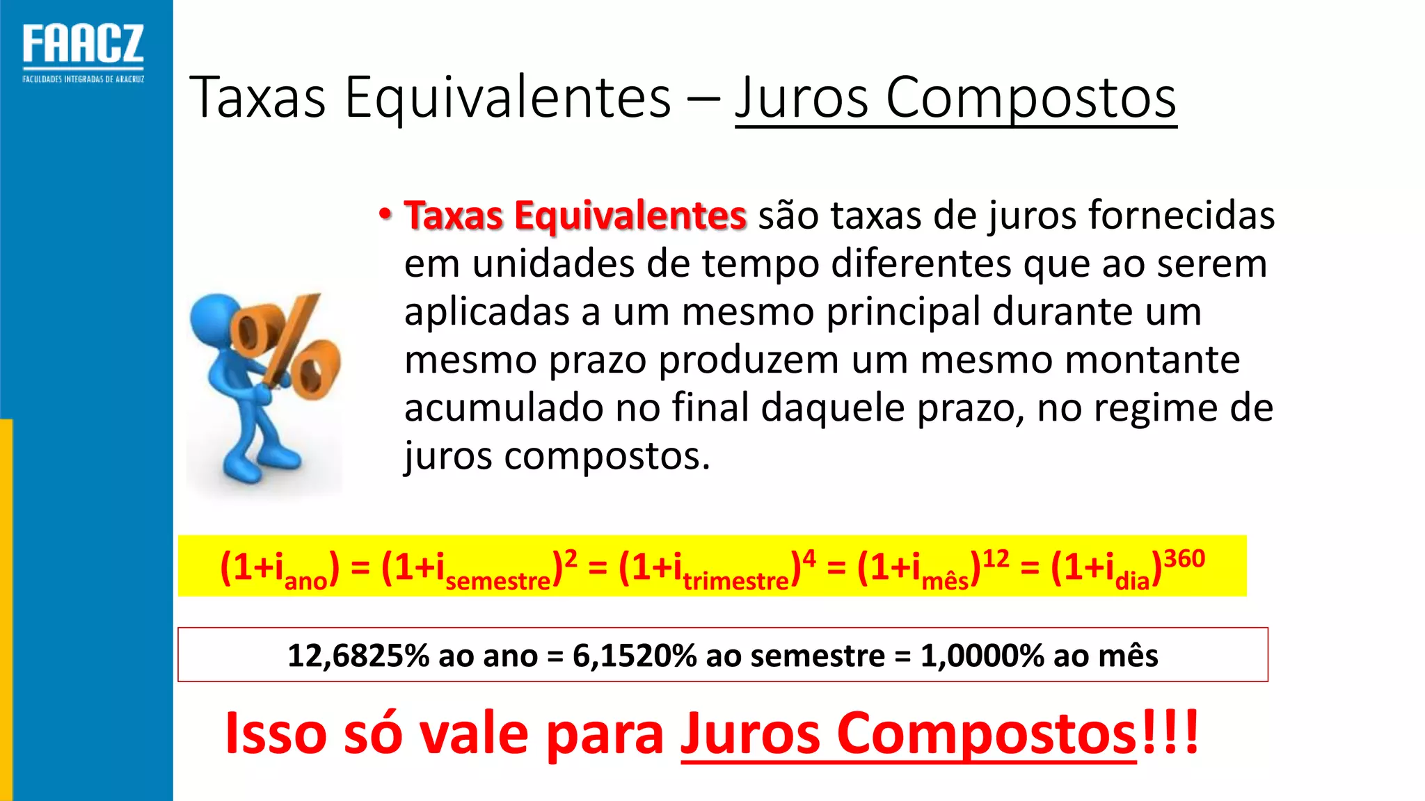 Taxas Equivalentes – Juros Compostos
• Taxas Equivalentes são taxas de juros fornecidas
em unidades de tempo diferentes que ao serem
aplicadas a um mesmo principal durante um
mesmo prazo produzem um mesmo montante
acumulado no final daquele prazo, no regime de
juros compostos.
12,6825% ao ano = 6,1520% ao semestre = 1,0000% ao mês
Isso só vale para Juros Compostos!!!
(1+iano) = (1+isemestre)2 = (1+itrimestre)4 = (1+imês)12 = (1+idia)360
 