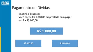 Pagamento de Dívidas
R$ 1.000,00
R$
100,00
R$ 600,00
R$
100,00
Imagine a situação:
Você pegou R$ 1.000,00 emprestado para pagar
em 2 x R$ 600,00
R$ 600,00
 
