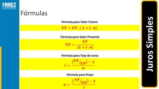 Fórmulas
Fórmula para Valor Futuro
Fórmula para Valor Presente
Fórmula para Taxa de Juros
Fórmula para Prazo
JurosSimples
 