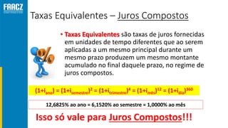 Taxas Equivalentes – Juros Compostos
• Taxas Equivalentes são taxas de juros fornecidas
em unidades de tempo diferentes que ao serem
aplicadas a um mesmo principal durante um
mesmo prazo produzem um mesmo montante
acumulado no final daquele prazo, no regime de
juros compostos.
12,6825% ao ano = 6,1520% ao semestre = 1,0000% ao mês
Isso só vale para Juros Compostos!!!
(1+iano) = (1+isemestre)2 = (1+itrimestre)4 = (1+imês)12 = (1+idia)360
 