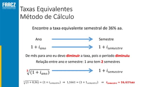 Taxas Equivalentes
Método de Cálculo
Encontre a taxa equivalente semestral de 36% aa.
Ano Semestre
De mês para ano eu devo diminuir a taxa, pois o período diminuiu
Relação entre ano e semestre: 1 ano tem 2 semestres
 