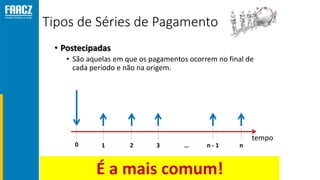 Tipos de Séries de Pagamento
• Postecipadas
• São aquelas em que os pagamentos ocorrem no final de
cada período e não na origem.
tempo
0 1 2 3 … n - 1 n
É a mais comum!
 