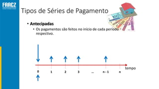 Tipos de Séries de Pagamento
• Antecipadas
• Os pagamentos são feitos no início de cada período
respectivo.
tempo
0 1 2 3 … n - 1 n
 