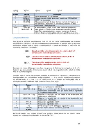 a) Seg          b) Ter           c) Qua          d) Qui          e) Sex

Passo          Teclas                                       Descrição
  0           [f] [REG]          Limpa a memória da calculadora.
  1          13.041997           Abastece a data inicial. Note que a convenção DD.MMAAAA
              [ENTER]            (D.MY) foi obedecida.
  2           58 [CHS]           Abastece o intervalo de dias. Como o intervalo foi negativo, a
                                 HP retornará a data antes de terem sido passados 58 dias.
  3          [g] [DATE]          Solicitamos a data projetada.
Final         {VISOR}            A HP apresenta a data: 14 fev. 1997. Além de apresentar a
           14.02.1997 5          data futura, a HP indica o dia da semana correspondente à
                                 data. Para isso a calculadora segue a convenção de que o
                                 número 5 apresentado após a data corresponde a sexta-feira.


Funções estatísticas

Um grupo de recursos extremamente úteis da HP 12C estão representados nas funções
estatísticas da calculadora. Através de funções estatísticas simples, é possível obter-se algumas
estatísticas básicas como a média, o desvio-padrão, a média ponderada, o coeficiente de
correlação e variáveis interpoladas.

                [g] [ x ]    Calcula a média aritmética simples dos valores de X e Y
                             armazenados no modo de somatório.

                  [g] [s]    Calcula o desvio padrão amostral dos valores de X e Y
                             armazenados no modo de somatório.

                [g] [ xw ]   Calcula a média ponderada dos valores de X e Y
                             armazenados no modo de somatório.

Exemplo: As notas obtidas por um aluno nas provas de Química foram iguais a 6, 4 e 9.
Sabendo que as avaliações tinham pesos iguais a 5, 3 e 2, respectivamente, calcule a média
final do aluno na disciplina.

Solução: pode-se entrar com os dados no modo de somatório da calculadora. Sabendo-se que
os registradores 6 e 2 armazenam, respectivamente, ΣXY e ΣX e que a média ponderada pode
ser escrita como: Xw = ΣXY / ΣX, os registradores 6 e 2 podem ser empregados para a
obtenção da média ponderada. Vide o exemplo fornecido a seguir.

Passo             Teclas                                         Descrição
  0                f [Σ]             Limpa os registradores estatísticos
  1          6 [ENTER] 5 [Σ+]        Digita-se o primeiro par de dados e os acrescenta aos
                                     registradores estatísticos. Note que a nota está no registrador
                                     Y e o peso no registrador X.
   2         4 [ENTER] 3 [Σ+]        Digita-se o segundo par de dados e os acrescenta aos
                                     registradores estatísticos.
   3         9 [ENTER] 2 [Σ+]        Digita-se o terceiro par de dados e os acrescenta aos
                                     registradores estatísticos.
   4               RCL 6             Recupera o registrador 6: ΣXY
   5               RCL 2             Recupera o registrador 2: ΣX
   6                 [÷]             Divide o registrador Y (ΣXY) pelo registrador X (ΣX).
 Final            {VISOR}            O visor mostra a média ponderada, igual a 6.
                   6,0000

Em outra solução, mais simples, poderia usar a função média ponderada. No passo 4 basta
recuperar a média ponderada através da função [g] [Xw].




                                                                                              21
 