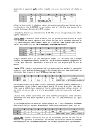 Geralmente, o argumento pgto contém o capital e os juros, mas nenhuma outra tarifa ou
taxas.

                        B          C         D              E         F         G
            2          VP          N          I            PMT       VF        Tipo
            3         -800         ?        6%                      1350
            4         8,98       =NPER(D3;;B3;F3)

A figura anterior mostra o cálculo do número de períodos necessários para transformar um
investimento no valor de $800,00 em um montante igual a $1.350,00 a uma taxa de 6% ao
período. Neste caso, são necessários 8,98 períodos.

É importante destacar que, diferentemente da HP 12C, o Excel não aproxima para o inteiro
superior o cálculo de n.

Função TAXA: Esta função obtém a taxa de juros por período de uma anuidade. A função
TAXA é obtida por iteração e pode ter zero ou mais soluções. Se os resultados sucessivos de
TAXA não convergirem para 0,0000001 depois de 20 iterações, TAXA retorna o valor de erro
#NÚM!. Suas sintaxe é do tipo: TAXA(nper;pgto;vp;vf;tipo;estimativa).

                       B           C         D              E         F         G
            2          VP          N         I             PMT       VF        Tipo
            3         200          8         ?                      -320
            4        6,05%       =TAXA(C3;;B3;F3)

Na figura anterior pode-se ver uma aplicação da função TAXA. De acordo com o exemplo
fornecido, um empréstimo recebido no valor de $200,00 e quitado mediante o pagamento de
$320,00, após 8 períodos, apresentou a incidência de uma taxa de juros igual a 6,05% ao
período.

Função PGTO: calcula o pagamento periódico de uma anuidade de acordo com pagamentos
constantes e com uma taxa de juros constante. Permite operações com taxas postecipadas ou
antecipadas. Suas sintaxe é do tipo: PGTO(taxa;nper;vp;vf;tipo).

              B         C        D         E         F          G               H
    2        VP         N         I        VF       Tipo       PMT           Fórmula
    3        200        2       0,05        0        0      (R$107,56) =PGTO(D3;C3;B3;E3;F3)

Por exemplo, para encontrar o valor dos dois pagamentos mensais e iguais correspondentes a
uma aquisição a prazo mediante taxa composta igual a 5% ao mês de um bem cujo valor à
vista é igual a $200,00, basta elaborar no Excel o modelo apresentado na figura anterior. Se
não existir entrada, ou seja, se a série for postecipada, o valor dos pagamentos será igual a
$107,56.

A função PGTO permite operar tanto com séries uniformes postecipadas, como com séries
antecipadas. Para isso, basta especificar o tipo de série : 0, para postecipadas, ou 1 para
antecipadas.

Se no exemplo anterior as prestações fossem pagas no ato, a nova configuração do modelo
pode ser vista na figura seguinte. Nesta situação, o valor das prestações será igual a $102,44.

              B         C        D         E         F          G               H
    2        VP         N         I        VF       Tipo       PMT           Fórmula
    3        200        2       0,05        0        1      (R$102,44) =PGTO(D3;C3;B3;E3;F3)

Função VPL: retorna o valor líquido atual de um investimento, baseado em uma série de
fluxos de caixa periódicos e em uma taxa de desconto. Seu resultado equivale ao retornado
pela função [NPV] das calculadoras financeiras. Sua sintaxe é representada da seguinte forma :

                                                                                            43
 
