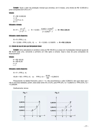- 37 -
Exemplo: Qual o valor da prestação mensal que amortiza, em 6 meses, uma dívida de R$ 12.000,00 a
juros compostos de 4,5% a.m.?
Solução:
P = R$ 12.000,00
n = 6
i = 4,5 % a. m.
R = ?
Utilizando a fórmula
R = P 
1
n
i)
(1
n
i)
i(1



 R = 12.000 
1
6
0,045)
(1
6
0,045)
0,045(1



 R = R$ 2.326,54
Utilizando a tabela financeira:
R = P FPR ( i, n)
R = 12.000  FPR ( 4,5%, 6)  R = 12.000  0,193878  R = R$ 2.326,54
2.5- Cálculo da taxa de juros por Interpolação Linear
Exemplo: Uma calculadora é vendida à vista por R$ 160,00 ou a prazo em 4 prestações mensais iguais de
R$ 45,49 cada uma, vencendo a primeira um mês após a compra. Qual a taxa de juros compostos do
financiamento?
Solução:
P = R$ 160,00
R = R$ 45,49
n = 4
i = ?
Utilizando a tabela financeira
R = P  FPR (i; 4)
45,49 = 160  FPR (i; 4) ou FPR (i, 4) =
160
45,49
= 0,284313
Pesquisando na tabela financeira, para n = 4, não encontramos o valor 0,284313. Isto quer dizer que i
não é uma taxa tabelada, porém, deve estar entre 5% e 5,5%, pois FPR (5%, 4) = 0,282012 e FPR (5,5%, 4) =
= 0,285294.
Graficamente, temos:
Fig. 1 Fig. 2
 