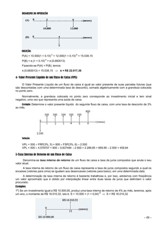 - 48 -
DIAGRAMA DA OPERAÇÃO
SOLUÇÃO:
P(A) = 10.000(1 + 0,10)
-2
+ 12.000(1 + 0,10)
-6
= 15.038,15
P(B) = x.(1 + 0,10)
-4
= x(0,683013)
Fazendo-se P(A) = P(B), temos:
x(0,683013) = 15.038,15  x = R$ 22.017,36
4- Valor Presente Líquido de um Fluxo de Caixa (VPL)
O Valor Presente Líquido de um fluxo de caixa é igual ao valor presente de suas parcelas futuras (que
são descontadas com uma determinada taxa de desconto), somado algebricamente com a grandeza colocada
no ponto zero.
Normalmente, a grandeza colocada no ponto zero corresponde ao investimento inicial e tem sinal
negativo, uma vez que representa uma saída de caixa.
Exemplo: Determine o valor presente líquido do seguinte fluxo de caixa, com uma taxa de desconto de 3%
ao mês.
Solução:
VPL = 500  FRP(3%, 5) + 800  FSP(3%, 6) –2.500
VPL = 500  4,579707 + 800  0,837484 –2.500 = 2.289,85 + 669,99 –2.500 = 459,84
5-Taxa Interna de Retorno de um Fluxo de Caixa
Denomina-se taxa interna de retorno de um fluxo de caixa a taxa de juros compostos que anula o seu
valor atual.
A taxa interna de retorno de um fluxo de caixa representa a taxa de juros compostos segundo a qual os
encaixes (vetores para cima) se igualam aos desencaixes (vetores para baixo), em uma determinada data.
A determinação da taxa interna de retorno é bastante trabalhosa e, por isso, adotamos com freqüência
um valor aproximado que é obtido por interpolação linear entre duas taxas de juros que delimitam o valor
procurado.
Exemplos:
1
o
) Se um investimento igual a R$ 10.000,00, produz uma taxa interna de retorno de 4% ao mês, teremos, após
um ano, o montante de R$ 16.010,32, isto é: S = 10.000 × (1 + 0,04)
12
 S = R$ 16.010,32
 