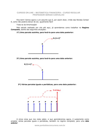 CURSOS ON-LINE – MATEMÁTICA FINANCEIRA – CURSO REGULAR
                   PROFESSOR SÉRGIO CARVALHO

      Pois bem! Vamos agora a um assunto que é, por assim dizer, irmão das Rendas Certas!
E, como não poderia deixar de ser, igualmente fácil!
      Trata-se da Amortização!
     Pelo estudo realizado por nós até aqui, já aprendemos como trabalhar no Regime
Composto, diante das seguintes situações:
      1º) Uma parcela sozinha, para levá-la para uma data posterior:


                                                 X.(1+i)n


                                     X




      2º) Uma parcela sozinha, para levá-la para uma data anterior:


               X/(1+i)n


                                     X




        3º) Várias parcelas iguais e periódicas, para uma data posterior:


                                                 T=P.Sn,i




                   P      P      P       P   P      P




       A única coisa que nos resta saber, e que aprenderemos agora, é justamente como
projetar várias parcelas iguais e periódicas, também no regime composto, para uma data
anterior!
                              www.pontodosconcursos.com.br
 