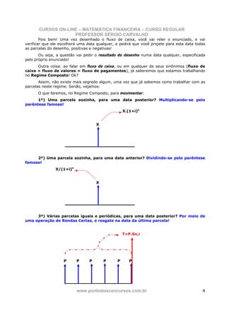 CURSOS ON-LINE – MATEMÁTICA FINANCEIRA – CURSO REGULAR
                    PROFESSOR SÉRGIO CARVALHO
        Pois bem! Uma vez desenhado o fluxo de caixa, você vai reler o enunciado, e vai
verificar que ele escolherá uma data qualquer, e pedirá que você projete para esta data todas
as parcelas do desenho, positivas e negativas!
       Ou seja, a questão vai pedir o resultado do desenho numa data qualquer, especificada
pelo próprio enunciado!
      Outra coisa: ao falar em fluxo de caixa, ou em qualquer de seus sinônimos (fluxo de
caixa = fluxo de valores = fluxo de pagamentos), já saberemos que estamos trabalhando
no Regime Composto! Ok?
       Assim, não existe mais segredo algum, uma vez que já sabemos como trabalhar com as
parcelas neste regime. Senão, vejamos:
      O que faremos, no Regime Composto, para movimentar:
      1º) Uma parcela sozinha, para uma data posterior? Multiplicando-se pelo
parêntese famoso!
                                                   X.(1+i)n


                                     X




     2º) Uma parcela sozinha, para uma data anterior? Dividindo-se pelo parêntese
famoso!
               X/(1+i)n


                                     X




     3º) Várias parcelas iguais e periódicas, para uma data posterior? Por meio de
uma operação de Rendas Certas, e resgate na data da última parcela!


                                                   T=P.Sn,i




                   P      P      P       P     P      P




                          www.pontodosconcursos.com.br                                     4
 