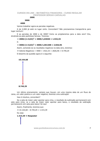 CURSOS ON-LINE – MATEMÁTICA FINANCEIRA – CURSO REGULAR
                   PROFESSOR SÉRGIO CARVALHO
                        2000
                 3000
            4000
      Vamos trabalhar agora as parcelas negativas.
       A de 4.000 já está no lugar certo. Concordam? Não precisaremos transportá-la para
lugar nenhum!
       E as parcelas de 2000 e de 3000? Como as projetaremos para a data zero? Ora,
dividindo-as pelo parêntese famoso. Teremos:
           2000/(1+0,02)2 = 2000/1,04040 = 1.922,33
      E:
           3000/(1+0,02)3 = 3000/1,061208 = 2.826,96
      Assim, somando-se os resultados negativos na data zero, teremos:
           Valores Negativos = 4000 + 1922,33 + 2826,96 = 8.749,29
      O desenho da questão agora é o seguinte:


        10.164,68




        8.749,29


       Um último ensinamento: sempre que houver, em uma mesma data de um fluxo de
caixa, um valor positivo e um valor negativo, faremos uma subtração!
      Isso é intuitivo, concordam?
      Se a seta de maior valor apontar para cima, o resultado da subtração permanecerá com
seta para cima; se a seta de maior valor apontar para baixo, o resultado da subtração
permanecerá com seta para baixo! Só isso!
      Assim, finalmente, teremos que:
           10.164,68 – 8.749,29 = 1.415,39
      Ou seja:
      1.415,39      Resposta!




                           www.pontodosconcursos.com.br                                 7
 