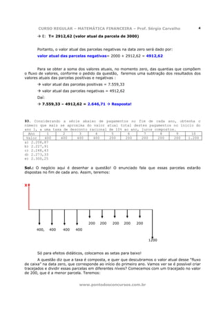CURSO REGULAR – MATEMÁTICA FINANCEIRA – Prof. Sérgio Carvalho                          4

         E: T= 2912,62 (valor atual da parcela de 3000)


      Portanto, o valor atual das parcelas negativas na data zero será dado por:
      valor atual das parcelas negativas= 2000 + 2912,62 = 4912,62


       Para se obter a soma dos valores atuais, no momento zero, das quantias que compõem
o fluxo de valores, conforme o pedido da questão, faremos uma subtração dos resultados dos
valores atuais das parcelas positivas e negativas :
         valor atual das parcelas positivas = 7.559,33
         valor atual das parcelas negativas = 4912,62
      Daí:
         7.559,33 – 4912,62 = 2.646,71         Resposta!



93. Considerando a série abaixo de pagamentos no fim de cada ano, obtenha o
número que mais se aproxima do valor atual total destes pagamentos no início do
ano 1, a uma taxa de desconto racional de 10% ao ano, juros compostos.
  Ano     1       2      3       4      5       6      7       8      9    10
 Valor   400     400    400     400    200     200    200     200    200 1.200
a) 2.208,87
b) 2.227,91
c) 2.248,43
d) 2.273,33
e) 2.300,25

Sol.: O negócio aqui é desenhar a questão! O enunciado fala que essas parcelas estarão
dispostas no fim de cada ano. Assim, teremos:


X




                                  200    200   200    200    200
      400,   400     400   400


                                                                   1200


      Só para efeitos didáticos, colocamos as setas para baixo!
       A questão diz que a taxa é composta, e quer que descubramos o valor atual desse “fluxo
de caixa” na data zero, que corresponde ao início do primeiro ano. Vamos ver se é possível criar
tracejados e dividir essas parcelas em diferentes níveis? Comecemos com um tracejado no valor
de 200, que é a menor parcela. Teremos:


                             www.pontodosconcursos.com.br
 