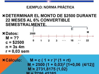 EJEMPLO: NORMA PRÁCTICA

DETERMINAR EL MONTO DE $2500 DURANTE
 22 MESES AL 6% CONVERTIBLE
 SEMESTRALMENTE.
                                                 M
Datos:       2500

 M = ??         0                ...   18   ..   22
                     1   2   3
 c = $2500                                  .
 n = 3s 4m
 r = 0,03 sem

Cálculo:     M = c ( 1 + r )n (1 + rt)
             M = 2500 (1 + 0,03)3 [1+0,06 (4/12)]
             M = 2731,8175 (1,02)
 