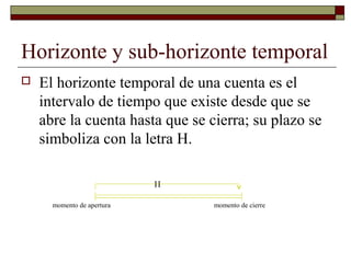 Horizonte y sub-horizonte temporal
 El horizonte temporal de una cuenta es el
intervalo de tiempo que existe desde que se
abre la cuenta hasta que se cierra; su plazo se
simboliza con la letra H.
H
momento de apertura momento de cierre
 