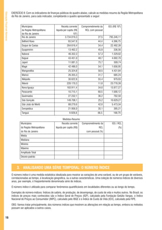 EXERCÍCIO 8: Com os indicadores de finanças públicas do quadro abaixo, calcule as medidas-resumo da Região Metropolitana
Educação Fiscal em Números



                             do Rio de Janeiro, para cada indicador, completando o quadro apresentado a seguir:


                                      Municípios                             Receita corrente   Comprometimento da     ISS (R$ 103)
                                      da Região Metropolitana          líquida per capita (R$      RCL com pessoal
                                      do Rio de Janeiro                                  103)
                                      Rio de Janeiro                            3.734.019,3                   27,5      795.346,11
                                      Belford Roxo                                 93.547,9                   44,4        4.396,75
                                      Duque de Caxias                             264.616,4                   34,4       22.492,39
                                      Guapimirim                                   13.462,2                   45,9          336,56
                                      Itaboraí                                     46.352,3                   57,3         1.529,62
                                      Itaguaí                                      43.451,0                   48,7         4.692,70
                                      Japeri                                       11.081,3                   75,7          509,74
                                      Magé                                         42.486,0                   54,1         1.656,95
                                      Mangaratiba                                  25.324,8                   50,5         4.431,84
                                      Maricá                                       26.355,3                   31,7          685,24
                                      Nilópolis                                    30.622,8                   55,4          979,93
                                      Niterói                                     220.170,3                   11,8       23.778,39
                                      Nova Iguaçu                                 183.911,4                   34,0       13.977,27
                                      Paracambi                                    10.715,1                   60,5        1.500,12
                                      Queimados                                    27.232,1                   36,2          762,50
                                      São Gonçalo                                 149.708,1                   25,2       10.629,27
                                      São João de Meriti                           88.279,6                   42,0         5.473,34
                                      Seropédica                                   21.956,0                   35,1          395,21
                                      Tanguá                                        9.928,8                   66,5          168,79

                                                                             Medidas-Resumo
                                     Municípios                             Receita corrente    Comprometimento da         ISS / RCL
                                     da Região Metropolitana          líquida per capita (R$)                  RCL               (%)
                                     do Rio de Janeiro                                              com pessoal (%)
                                     Média
                                     Mediana
                                     Mínimo
                                     Máximo
                                     Amplitude Total
                                     Desvio-padrão



                                  3. ANALISANDO UMA SÉRIE TEMPORAL: O NÚMERO ÍNDICE
                             O número índice é uma medida estatística idealizada para mostrar as variações de uma variável, ou de um grupo de variáveis,
                             correlacionadas ao tempo, à localização geográfica, ou a outras características. Uma coleção de números índices de diversos
                             anos, por exemplo, é freqüentemente denominada série de índices.

                             O número índice é utilizado para comparar fenômenos quantificáveis em localidades diferentes ou ao longo do tempo.

                             Exemplos de número-índices: Índices de salário, de produção, de desemprego, de custo de vida e muitos outros. No Brasil, os
                             índices de preços mais conhecidos são o Índice Geral de Preços (IGP), calculado pela Fundação Getúlio Vargas, o Índice
                             Nacional de Preços ao Consumidor (INPC), calculado pelo IBGE e o Índice de Custo de Vida (ICV), calculado pela FIPE.

                             OBS: Vamos tratar principalmente, dos números índices que mostrem as alterações em relação ao tempo, embora os métodos
                             possam ser aplicados a outros casos.


   16
 