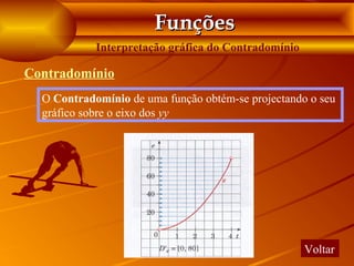 Funções
            Interpretação gráfica do Contradomínio

Contradomínio
  O Contradomínio de uma função obtém-se projectando o seu
  gráfico sobre o eixo dos yy




                                                     Voltar
 