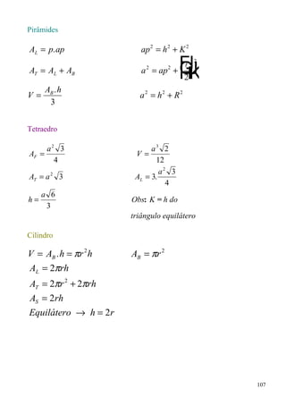 Pirâmides

AL = p. ap               ap 2 = h 2 + K 2
                                       FI
                                      +G
                                       HJ
                                            2


                                       2K
                                        
AT = AL + AB             a = ap
                          2       2



     AB . h
V=                      a 2 = h2 + R 2
      3


Tetraedro

     a2 3                   a3 2
AF =                   V=
       4                      12
                               a2 3
AT = a 2 3             AL = 3.
                                 4
     a 6
h=                    Obs: K = h do
      3
                      triângulo equilátero

Cilindro

V = AB . h = πr 2 h   AB = πr 2
AL = 2πrh
AT = 2πr 2 + 2πrh
AS = 2rh
Equilátero → h = 2r




                                                107
 