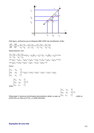 Pela figura, verificamos que os triângulos ABD e BCE são semelhantes. Então:




Desenvolvendo, vem:




Como:




então                     .




Observação: A recíproca da afirmação demonstrada é válida, ou seja, se         , então os
pontos A(xA,yA), B(xB,yB) e C(xC, yC) estão alinhados.




Equações de uma reta
                                                                                            118
 