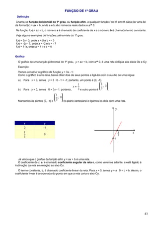FUNÇÃO DE 1º GRAU
 Definição
 Chama-se função polinomial do 1º grau, ou função afim, a qualquer função f de IR em IR dada por uma lei
da forma f(x) = ax + b, onde a e b são números reais dados e a 0.
Na função f(x) = ax + b, o número a é chamado de coeficiente de x e o número b é chamado termo constante.
Veja alguns exemplos de funções polinomiais do 1º grau:
f(x) = 5x - 3, onde a = 5 e b = - 3
f(x) = -2x - 7, onde a = -2 e b = - 7
f(x) = 11x, onde a = 11 e b = 0


Gráfico

  O gráfico de uma função polinomial do 1º grau, y = ax + b, com a       0, é uma reta oblíqua aos eixos Ox e Oy.
  Exemplo:
  Vamos construir o gráfico da função y = 3x - 1:
  Como o gráfico é uma reta, basta obter dois de seus pontos e ligá-los com o auxílio de uma régua:
  a)   Para x = 0, temos y = 3 · 0 - 1 = -1; portanto, um ponto é (0, -1).


  b)   Para y = 0, temos 0 = 3x - 1; portanto,         e outro ponto é          .



  Marcamos os pontos (0, -1) e           no plano cartesiano e ligamos os dois com uma reta.




       x                 y
       0                 -1

                         0




   Já vimos que o gráfico da função afim y = ax + b é uma reta.
   O coeficiente de x, a, é chamado coeficiente angular da reta e, como veremos adiante, a está ligado à
inclinação da reta em relação ao eixo Ox.
  O termo constante, b, é chamado coeficiente linear da reta. Para x = 0, temos y = a · 0 + b = b. Assim, o
coeficiente linear é a ordenada do ponto em que a reta corta o eixo Oy.




                                                                                                              43
 