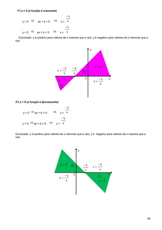 1º) a > 0 (a função é crescente)


     y>0          ax + b > 0          x>


     y<0         ax + b < 0           x<
   Conclusão: y é positivo para valores de x maiores que a raiz; y é negativo para valores de x menores que a
raiz




2º) a < 0 (a função é decrescente)


      y>0      ax + b > 0             x<


     y<0       ax + b < 0        x>


Conclusão: y é positivo para valores de x menores que a raiz; y é negativo para valores de x maiores que a
raiz.




                                                                                                             46
 