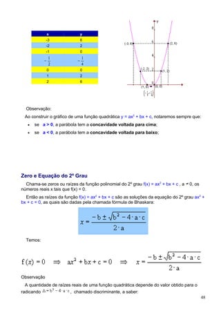 x               y
             -3              6
             -2              2
             -1              0



             0               0
             1               2
             2               6




  Observação:
 Ao construir o gráfico de uma função quadrática y = ax2 + bx + c, notaremos sempre que:
   •   se a > 0, a parábola tem a concavidade voltada para cima;
   •   se a < 0, a parábola tem a concavidade voltada para baixo;




Zero e Equação do 2º Grau
  Chama-se zeros ou raízes da função polinomial do 2º grau f(x) = ax2 + bx + c , a   0, os
números reais x tais que f(x) = 0.
  Então as raízes da função f(x) = ax2 + bx + c são as soluções da equação do 2º grau ax2 +
bx + c = 0, as quais são dadas pela chamada fórmula de Bhaskara:




  Temos:




Observação
 A quantidade de raízes reais de uma função quadrática depende do valor obtido para o
radicando               , chamado discriminante, a saber:
                                                                                             48
 