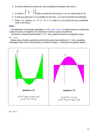 2. Os zeros definem os pontos em que a parábola intercepta o eixo dos x;


       3. O vértice V              indica o ponto de mínimo (se a > 0), ou máximo (se a< 0);
       4. A reta que passa por V e é paralela ao eixo dos y é o eixo de simetria da parábola;
       5. Para x = 0 , temos y = a · 02 + b · 0 + c = c; então (0, c) é o ponto em que a parábola
          corta o eixo dos y.
Sinal
  Consideramos uma função quadrática y = f(x) = ax2 + bx + c e determinemos os valores de
x para os quais y é negativo e os valores de x para os quais y é positivos.
   Conforme o sinal do discriminante = b2 - 4ac, podemos ocorrer os seguintes casos:
1º - > 0
  Nesse caso a função quadrática admite dois zeros reais distintos (x1 x2). a parábola
intercepta o eixo Ox em dois pontos e o sinal da função é o indicado nos gráficos abaixo:




                   quando a > 0                                    quando a < 0


              y>0   (x < x1 ou x > x2)                         y>0     x1 < x < x2
                y<0     x1 < x < x2                          y<0   (x < x1 ou x > x2)




2º -     =0




                                                                                                52
 