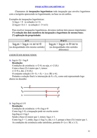 INEQUAÇÕES LOGARÍTMICAS

     Chamamos de inequações logarítmicas toda inequação que envolve logaritmos
com a incógnita aparecendo no logaritmando, na base ou em ambos.

Exemplos de inequações logarítmicas:
  1) log2x > 0 (a solução é x>1)
  2) log4(x+3) ≤ 1 (a solução é –3<x≤1)

   Para resolver inequações logarítmicas, devemos realizar dois passos importantes:
   1º) redução dos dois membros da inequação a logaritmos de mesma base;
   2º) aplicação da propriedade:

                 a>1                                    0<a<1
   logam > logan ⇒ m>n>0                   logam > logan ⇒ 0<m<n
(as desigualdades têm mesmo sentido)        (as desigualdades têm sentidos
                                                      diferentes)

EXERCÍCIOS RESOLVIDOS:

1) log2(x+2) > log28
   Resolução:
   Condições de existência: x+2>0, ou seja, x>-2 (S1)
   Como a base (2) é maior que 1, temos:
   x+2>8 e, daí, x>6 (S2)
   O conjunto solução é S= S1 ∩ S2 = {x ∈ IR| x>6}.
   Portanto a solução final é a intersecção de S1 e S2, como está representado logo
abaixo no desenho:




2) log2(log3x) ≥ 0
   Resolução:
   Condições de existência: x>0 e log3x>0
   Como log21=0, a inequação pode ser escrita assim:
   log2(log3x) ≥ log21
   Sendo a base (2) maior que 1, temos: log3x ≥ 1.
   Como log33 = 1, então, log3x ≥ log33 e, daí, x ≥ 3, porque a base (3) é maior que 1.
   As condições de existência estão satisfeitas, portanto S={x ∈ IR| x ≥ 3}.


                                                                                          61
 