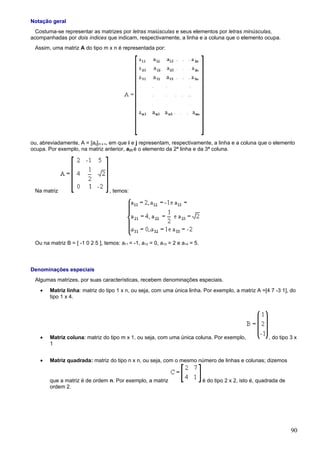 Notação geral
  Costuma-se representar as matrizes por letras maiúsculas e seus elementos por letras minúsculas,
acompanhadas por dois índices que indicam, respectivamente, a linha e a coluna que o elemento ocupa.
 Assim, uma matriz A do tipo m x n é representada por:




ou, abreviadamente, A = [aij]m x n, em que i e j representam, respectivamente, a linha e a coluna que o elemento
ocupa. Por exemplo, na matriz anterior, a23 é o elemento da 2ª linha e da 3ª coluna.




 Na matriz                         , temos:




 Ou na matriz B = [ -1 0 2 5 ], temos: a11 = -1, a12 = 0, a13 = 2 e a14 = 5.



Denominações especiais
 Algumas matrizes, por suas características, recebem denominações especiais.
    •   Matriz linha: matriz do tipo 1 x n, ou seja, com uma única linha. Por exemplo, a matriz A =[4 7 -3 1], do
        tipo 1 x 4.




    •   Matriz coluna: matriz do tipo m x 1, ou seja, com uma única coluna. Por exemplo,                   , do tipo 3 x
        1


    •   Matriz quadrada: matriz do tipo n x n, ou seja, com o mesmo número de linhas e colunas; dizemos


        que a matriz é de ordem n. Por exemplo, a matriz                       é do tipo 2 x 2, isto é, quadrada de
        ordem 2.




                                                                                                                      90
 
