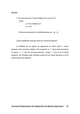 Ejemplo:
1) No es el caso que 12 sea múltiplo de 4 y que 24
=16
Luego:
p: 12 es múltiplo de 4
q: 24
=16
Entonces la proposición la simbolizaremos así: ∼(p ∧ q)
¿Cómo establecer jerarquía entre los conectivos lógicos?
La finalidad de los signos de agrupación es darle mayor o menor
jerarquía a los conectivos lógicos. Así en general, la “∼” tiene menos jerarquía,
le siguen “∧”, “∨” que son de igual jerarquía, y luego “→” que es el de mayor
jerarquía. Sin embargo cada conectivo puede ser de mayor jerarquía si así lo
indica el signo de colección.
Formando Profesionales De Calidad Para Un Mundo Empresarial 16
 