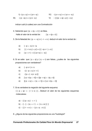 I) ∼( p ∧ q ) ↔ ( p v ∼q )
III) ∼( p →q ) ↔ ( p v ∼q )
IV) ∼( p ↔ q ) ↔ (∼p ↔ ∼q )
V) ∼ { [ (p → q) ∧ p ] → q }
indicar cuál (ó cuáles) son una Contradicción
4. Sabiendo que: [ p → (q → r) ] es falsa.
Halle el valor de la verdad de : [ q → (p ∧ r) ]
5. De la falsedad de: ( p → ∼q ) v ( ∼r → s ) deducir el valor de la verdad de :
a) ( ∼p ∧ ∼q ) v ∼q
b) [ ( ∼r v q ) ∧ p ] ↔ [ ( ∼q v r ) ∧ s ]
c) ( p → r ) → [ ( p v q ) ∧ ∼q ]
6. Si se sabe que ( p ∧ q) y ( q → r) son falsas, ¿cuáles de las siguientes
proposiciones son verdaderas?
a) ( ∼p v r ) v s
b) ∼[ ( ∼p ∧ q ) v ∼r ]
c) ∼[ p ∧ ( ∼q v ∼p )]
d) [∼p v (q ∧ ∼r)] ↔ {(p → q) ∧ ∼(q ∧ r)}
e) [( p → q ) ∧ ∼( q ∧ r )] ↔ [∼p v (q ∧ ∼r)]
7. Si es verdadera la negación del siguiente esquema:
[ ( p ∧ q) → ( r v s ) ] , Deducir el valor de los siguientes esquemas
moleculares:
a) ∼ [ ( p ∧ q ) → r ]
b) ∼ [ ∼ [ ∼ ( q → r ) → ( s ∧ w ) ] ]
c) ∼ [ ( r → x ) ∧ ∼ ( p ∧ q ∧ s ) ]
8. ¿Alguna de las siguientes proposiciones es una Tautología?
Formando Profesionales De Calidad Para Un Mundo Empresarial 27
 