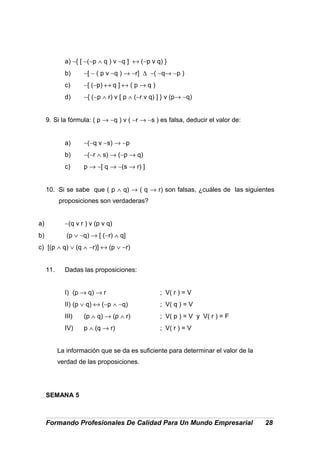 a) ∼{ [ ∼(∼p ∧ q ) v ∼q ] ↔ (∼p v q) }
b) ∼[ ∼ ( p v ∼q ) → ∼r] ∆ ∼( ∼q→ ∼p )
c) ∼[ (∼p) ↔ q ] ↔ ( p → q )
d) ∼{ (∼p ∧ r) v [ p ∧ (∼r v q) ] } v (p→ ∼q)
9. Si la fórmula: ( p → ∼q ) v ( ∼r → ∼s ) es falsa, deducir el valor de:
a) ∼(∼q v ∼s) → ∼p
b) ∼(∼r ∧ s) → (∼p → q)
c) p → ∼[ q → ∼(s → r) ]
10. Si se sabe que ( p ∧ q) → ( q → r) son falsas, ¿cuáles de las siguientes
proposiciones son verdaderas?
a) ∼(q v r ) v (p v q)
b) (p ∨ ∼q) → [ (∼r) ∧ q]
c) [(p ∧ q) ∨ (q ∧ ∼r)] ↔ (p ∨ ∼r)
11. Dadas las proposiciones:
I) (p → q) → r ; V( r ) = V
II) (p ∨ q) ↔ (∼p ∧ ∼q) ; V( q ) = V
III) (p ∧ q) → (p ∧ r) ; V( p ) = V y V( r ) = F
IV) p ∧ (q → r) ; V( r ) = V
La información que se da es suficiente para determinar el valor de la
verdad de las proposiciones.
SEMANA 5
Formando Profesionales De Calidad Para Un Mundo Empresarial 28
 
