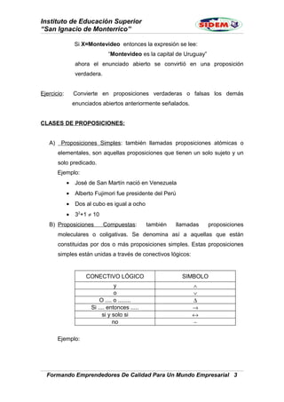 Instituto de Educación Superior
“San Ignacio de Monterrico”
Si X=Montevideo entonces la expresión se lee:
“Montevideo es la capital de Uruguay”
ahora el enunciado abierto se convirtió en una proposición
verdadera.
Ejercicio: Convierte en proposiciones verdaderas o falsas los demás
enunciados abiertos anteriormente señalados.
CLASES DE PROPOSICIONES:
A) Proposiciones Simples: también llamadas proposiciones atómicas o
elementales, son aquellas proposiciones que tienen un solo sujeto y un
solo predicado.
Ejemplo:
• José de San Martín nació en Venezuela
• Alberto Fujimori fue presidente del Perú
• Dos al cubo es igual a ocho
• 32
+1 ≠ 10
B) Proposiciones Compuestas: también llamadas proposiciones
moleculares o coligativas. Se denomina así a aquellas que están
constituidas por dos o más proposiciones simples. Estas proposiciones
simples están unidas a través de conectivos lógicos:
CONECTIVO LÓGICO SIMBOLO
y ∧
o ∨
O .... o ........ ∆
Si .... entonces ..... →
si y solo si ↔
no ∼
Ejemplo:
Formando Emprendedores De Calidad Para Un Mundo Empresarial 3
 