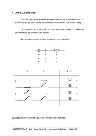1. CIRCUITOS EN SERIE:
Dos interruptores se encuentran conectados en serie, cuando están uno
a continuación de otro a través de un mismo conductor (en una misma línea).
La conjunción es la proposición compuesta que cumple con todas las
características de una conexión en serie.
Recordemos como es la tabla de verdad de la conjunción:
P q p ∧ q
V
V
F
F
V
F
V
F
V
F
F
F
p q p ∧ q
Ejercicios: Representar las siguientes fórmulas como circuitos:
MATEMÁTICA I Lic. Henry Ramírez - Lic. Antonio Cutimbo página 39
 