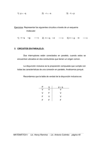 1) p ∧ ∼q 2) ∼r ∧ ∼s 3) ∼t ∧ p
Ejercicios: Representar los siguientes circuitos a través de un esquema
molecular:
1) s ∼p 2) ∼q ∼r 3) ∼p t
2. CIRCUITOS EN PARALELO:
Dos interruptores están conectados en paralelo, cuando estos se
encuentran ubicados en dos conductores que tienen un origen común.
La disyunción inclusiva es la proposición compuesta que cumple con
todas las características de una conexión en paralelo. Analicemos porqué.
Recordemos que la tabla de verdad de la disyunción inclusiva es:
P q p ∨ q
V
V
F
F
V
F
V
F
V
V
V
F
MATEMÁTICA I Lic. Henry Ramírez - Lic. Antonio Cutimbo página 40
 