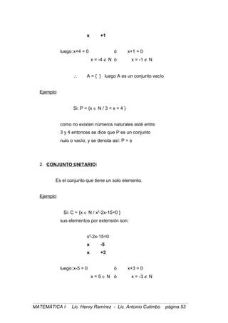 x +1
luego:x+4 = 0 ó x+1 = 0
x = -4 ∉ N ó x = -1 ∉ N
∴ A = { } luego A es un conjunto vacío
Ejemplo:
Si: P = {x ∈ N / 3 < x < 4 }
como no existen números naturales esté entre
3 y 4 entonces se dice que P es un conjunto
nulo o vacío, y se denota así: P = φ
2. CONJUNTO UNITARIO:
Es el conjunto que tiene un solo elemento.
Ejemplo:
Si: C = {x ∈ N / x2
-2x-15=0 }
sus elementos por extensión son:
x2
-2x-15=0
x -5
x +3
luego:x-5 = 0 ó x+3 = 0
x = 5 ∈ N ó x = -3 ∉ N
MATEMÁTICA I Lic. Henry Ramírez - Lic. Antonio Cutimbo página 53
 