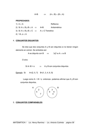 A=B ⇔ (A ⊂ B) ∧ (B ⊂ A)
PROPIEDADES:
1) A ⊂ A Reflexiva
2) Si: A ⊂ B y B ⊂ A ⇒ A=B Antisimétrica
3) Si: A ⊂ B y B ⊂ C ⇒ A ⊂ C Transitiva
4) ∀A, φ ⊂ A
4. CONJUNTOS DISJUNTOS:
Se dice que dos conjuntos A y B son disjuntos si no tienen ningún
elemento en común. Se simboliza así:
A es disjunto con B ⇔ ∃x / x∈A ∧ x∈B
O sino:
Si A∩B = φ ⇒ A y B son conjuntos disjuntos
Ejemplo: Si: A={2, 5, 7} B={1, 3, 4, 6, 9}
Luego como A ∩ B = φ entonces podemos afirmar que A y B son
conjuntos disjuntos.
A B
2 1 3
5 9 6
7 4
5. CONJUNTOS COMPARABLES:
MATEMÁTICA I Lic. Henry Ramírez - Lic. Antonio Cutimbo página 58
 