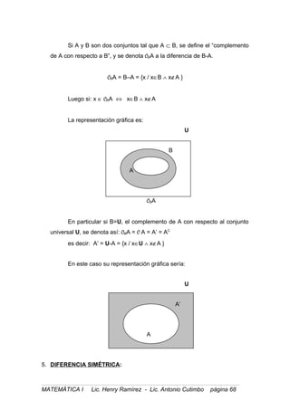 Si A y B son dos conjuntos tal que A ⊂ B, se define el “complemento
de A con respecto a B”, y se denota CBA a la diferencia de B-A.
CBA = B–A = {x / x∈B ∧ x∉A }
Luego si: x ∈ CBA ⇔ x∈B ∧ x∉A
La representación gráfica es:
U
B
A
CBA
En particular si B=U, el complemento de A con respecto al conjunto
universal U, se denota así: CUA = C A = A’ = AC
es decir: A’ = U-A = {x / x∈U ∧ x∉A }
En este caso su representación gráfica sería:
U
A’
A
5. DIFERENCIA SIMÉTRICA:
MATEMÁTICA I Lic. Henry Ramírez - Lic. Antonio Cutimbo página 68
 