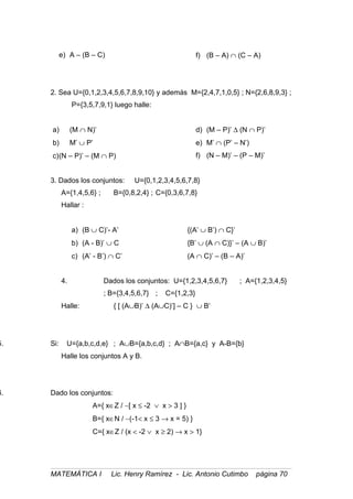 e) A – (B – C) f) (B – A) ∩ (C – A)
2. Sea U={0,1,2,3,4,5,6,7,8,9,10} y además M={2,4,7,1,0,5} ; N={2,6,8,9,3} ;
P={3,5,7,9,1} luego halle:
a) (M ∩ N)’
b) M’ ∪ P’
c)(N – P)’ – (M ∩ P)
d) (M – P)’ ∆ (N ∩ P)’
e) M’ ∩ (P’ – N’)
f) (N – M)’ – (P – M)’
3. Dados los conjuntos: U={0,1,2,3,4,5,6,7,8}
A={1,4,5,6} ; B={0,8,2,4} ; C={0,3,6,7,8}
Hallar :
a) (B ∪ C)’- A’
b) (A - B)’ ∪ C
c) (A’ - B’) ∩ C’
{(A’ ∪ B’) ∩ C}’
{B’ ∪ (A ∩ C)}’ – (A ∪ B)’
(A ∩ C)’ – (B – A)’
4. Dados los conjuntos: U={1,2,3,4,5,6,7} ; A={1,2,3,4,5}
; B={3,4,5,6,7} ; C={1,2,3}
Halle: { [ (A∪B)’ ∆ (A∪C)’] – C } ∪ B’
5. Si: U={a,b,c,d,e} ; A∪B={a,b,c,d} ; A∩B={a,c} y A-B={b}
Halle los conjuntos A y B.
6. Dado los conjuntos:
A={ x∈Z / ∼[ x ≤ -2 ∨ x > 3 ] }
B={ x∈N / ∼(-1< x ≤ 3 → x = 5) }
C={ x∈Z / (x < -2 ∨ x ≥ 2) → x > 1}
MATEMÁTICA I Lic. Henry Ramírez - Lic. Antonio Cutimbo página 70
 