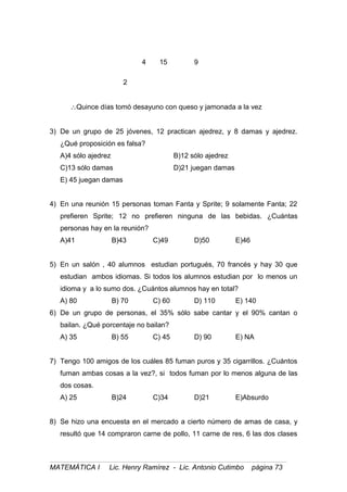 4 15 9
2
∴Quince días tomó desayuno con queso y jamonada a la vez
3) De un grupo de 25 jóvenes, 12 practican ajedrez, y 8 damas y ajedrez.
¿Qué proposición es falsa?
A)4 sólo ajedrez B)12 sólo ajedrez
C)13 sólo damas D)21 juegan damas
E) 45 juegan damas
4) En una reunión 15 personas toman Fanta y Sprite; 9 solamente Fanta; 22
prefieren Sprite; 12 no prefieren ninguna de las bebidas. ¿Cuántas
personas hay en la reunión?
A)41 B)43 C)49 D)50 E)46
5) En un salón , 40 alumnos estudian portugués, 70 francés y hay 30 que
estudian ambos idiomas. Si todos los alumnos estudian por lo menos un
idioma y a lo sumo dos. ¿Cuántos alumnos hay en total?
A) 80 B) 70 C) 60 D) 110 E) 140
6) De un grupo de personas, el 35% sólo sabe cantar y el 90% cantan o
bailan. ¿Qué porcentaje no bailan?
A) 35 B) 55 C) 45 D) 90 E) NA
7) Tengo 100 amigos de los cuáles 85 fuman puros y 35 cigarrillos. ¿Cuántos
fuman ambas cosas a la vez?, si todos fuman por lo menos alguna de las
dos cosas.
A) 25 B)24 C)34 D)21 E)Absurdo
8) Se hizo una encuesta en el mercado a cierto número de amas de casa, y
resultó que 14 compraron carne de pollo, 11 carne de res, 6 las dos clases
MATEMÁTICA I Lic. Henry Ramírez - Lic. Antonio Cutimbo página 73
 