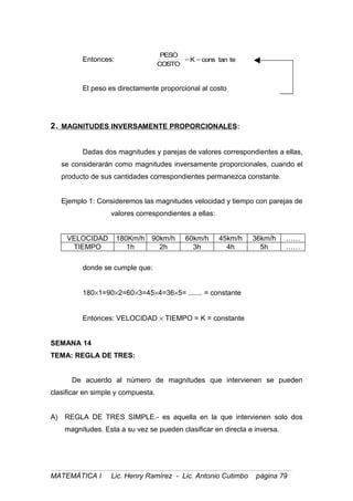 Entonces: tetanconsK
COSTO
PESO
==
El peso es directamente proporcional al costo
2. MAGNITUDES INVERSAMENTE PROPORCIONALES:
Dadas dos magnitudes y parejas de valores correspondientes a ellas,
se considerarán como magnitudes inversamente proporcionales, cuando el
producto de sus cantidades correspondientes permanezca constante.
Ejemplo 1: Consideremos las magnitudes velocidad y tiempo con parejas de
valores correspondientes a ellas:
VELOCIDAD 180Km/h 90km/h 60km/h 45km/h 36km/h ……
TIEMPO 1h 2h 3h 4h 5h ……
donde se cumple que:
180×1=90×2=60×3=45×4=36×5= ....... = constante
Entonces: VELOCIDAD × TIEMPO = K = constante
SEMANA 14
TEMA: REGLA DE TRES:
De acuerdo al número de magnitudes que intervienen se pueden
clasificar en simple y compuesta.
A) REGLA DE TRES SIMPLE.- es aquella en la que intervienen solo dos
magnitudes. Esta a su vez se pueden clasificar en directa e inversa.
MATEMÁTICA I Lic. Henry Ramírez - Lic. Antonio Cutimbo página 79
 