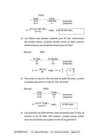 R3SD
Parte Costo
5/13 1 530 000 (supuesto)
8/13 X (pregunta)
)13/5(
)0005301)(13/8(
X = luego: X=2 448 000 soles
2) Una fábrica tiene petróleo suficiente para 20 días, consumiendo
dos barriles diarios. ¿Cuántos barriles menos se debe consumir
diariamente para que el petróleo alcance para 30 días?
Solución: R3SI
N° Días N° Barriles
20 2 (supuesto)
30 2-X (pregunta)
30
)2()20(
X-2 = luego:
3
2
X
3
4
-2X =⇒=
3) Para pintar un cubo de 10cm de arista se gastó 240 soles. ¿cuánto
se gastará para pintar un cubo de 15cm de arista?
Solución: R3SD
Área Costo
6⋅102
240 (supuesto)
6⋅152
X (pregunta)
)10)(6(
)240)(15()6(
X 2
2
= luego: X=540 soles
4) Una guarnición de 2250 hombres, tiene provisiones para 70 días. Al
terminar el día 29 salen 200 hombres. ¿Cuánto tiempo podrán
durar las provisiones que quedan al resto de la guarnición?
MATEMÁTICA I Lic. Henry Ramírez - Lic. Antonio Cutimbo página 81
 
