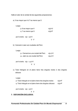 Halle el valor de la verdad de las siguientes proposiciones:
a) 8 es mayor que 4 ó 7 es menor que 5
Luego:
p: 8 es mayor que 4 v(p)=V
q: 7 es menor que 5 v(q)=F
por lo tanto: v(p ∨ q)=V
V F
b) Camaná ó Jaen son ciudades del Perú
Luego:
p1: Camaná es una ciudad del Perú v(p1)=V
p2: Jaén es una ciudad del Perú v(p2)=V
por lo tanto: v(p1 ∨ p2)=V
V V
c) Todo triángulo en el plano tiene tres ángulos rectos ó dos ángulos
obtusos
Luego:
p: Todo triángulo en el plano tiene tres ángulos rectos v(p)=F
q: Todo triángulo en el plano tiene dos ángulos obtusos v(q)=F
por lo tanto: v(p ∨ q)=V
F F
3. DISYUNCIÓN EXCLUSIVA:
Formando Profesionales De Calidad Para Un Mundo Empresarial 9
 