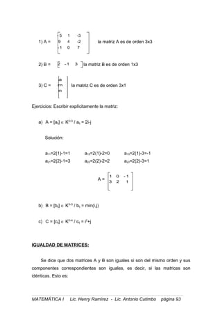 1) A =
701-
2-49
3-15-
la matriz A es de orden 3x3
2) B = 31-2 la matriz B es de orden 1x3
3) C =
n
m
a
la matriz C es de orden 3x1
Ejercicios: Escribir explícitamente la matriz:
a) A = [aij] ∈ K2×3
/ aij = 2i-j
Solución:
a11=2(1)-1=1 a12=2(1)-2=0 a13=2(1)-3=-1
a21=2(2)-1=3 a22=2(2)-2=2 a23=2(2)-3=1
A =
123
1-01
b) B = [bij] ∈ K3×3
/ bij = min(i,j)
c) C = [cij] ∈ K2×4
/ cij = i2
+j
IGUALDAD DE MATRICES:
Se dice que dos matrices A y B son iguales si son del mismo orden y sus
componentes correspondientes son iguales, es decir, si las matrices son
idénticas. Esto es:
MATEMÁTICA I Lic. Henry Ramírez - Lic. Antonio Cutimbo página 93
 